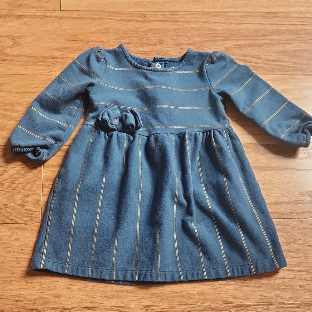 Carter's Blue With Golden Striped Pleated Dress with Puff Long Sleeves 12 Months
